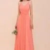 Elegant V-Neck Coral Ruffle Chiffon Bridesmaid Dress
