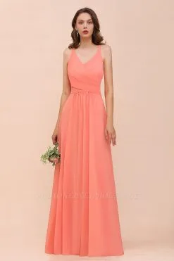 Elegant V-Neck Coral Ruffle Chiffon Bridesmaid Dress