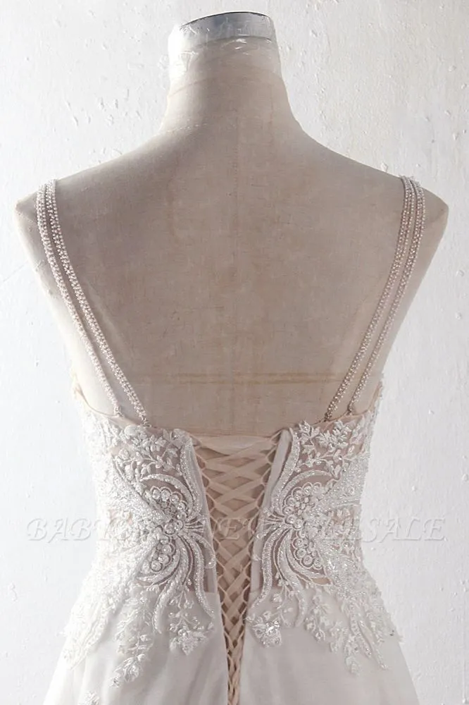 Charming Ivory Floor Length A-Line Straps Tulle Wedding Dress With Appliques - Image 4