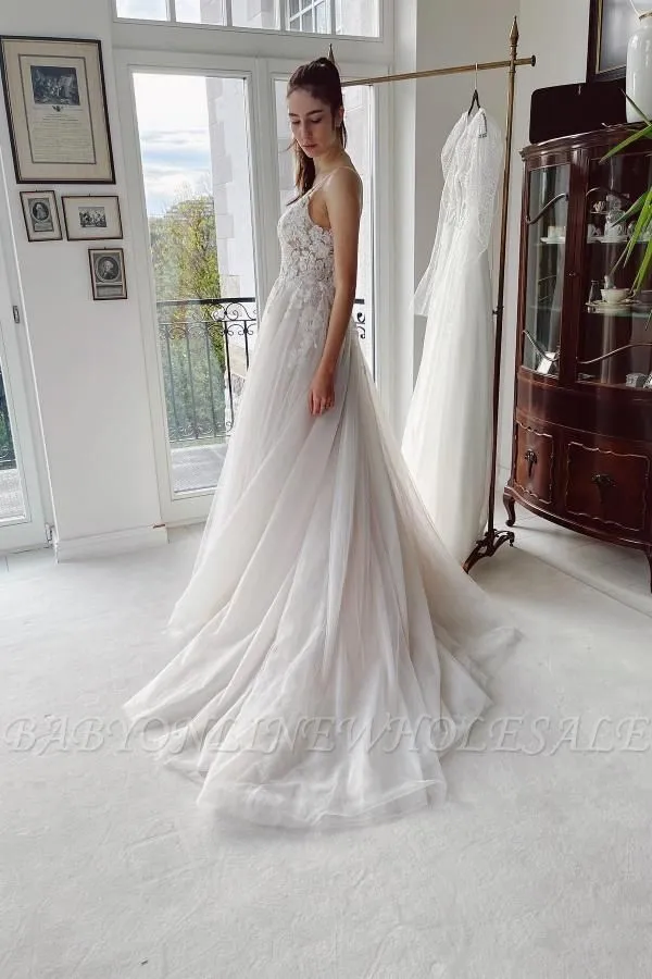 Elegant V-Neck Tulle Aline Wedding Dress Lace Appliques Bridal Dress With Straps - Image 2