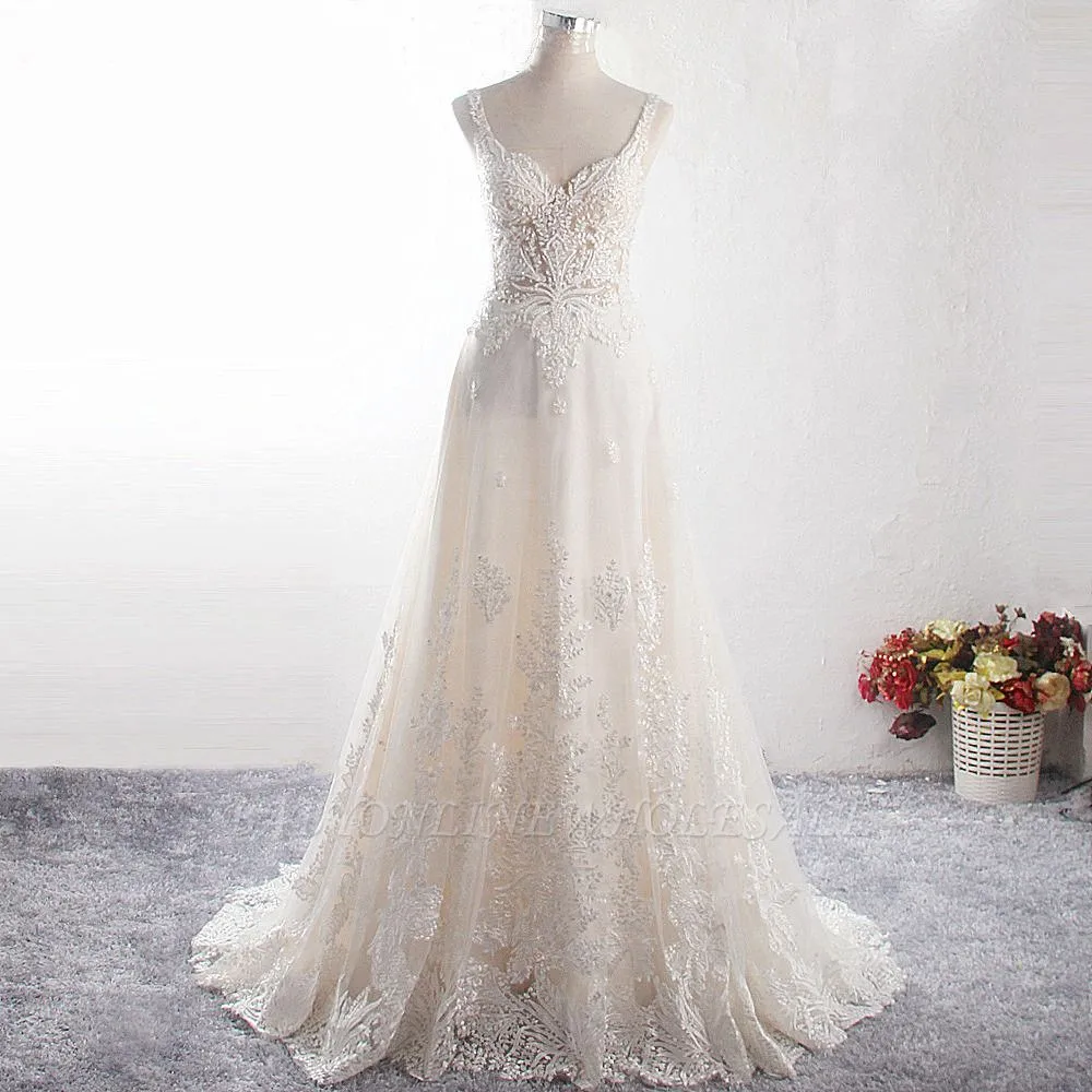 Charming Ivory Floor Length A-Line Straps Tulle Wedding Dress With Appliques - Image 6