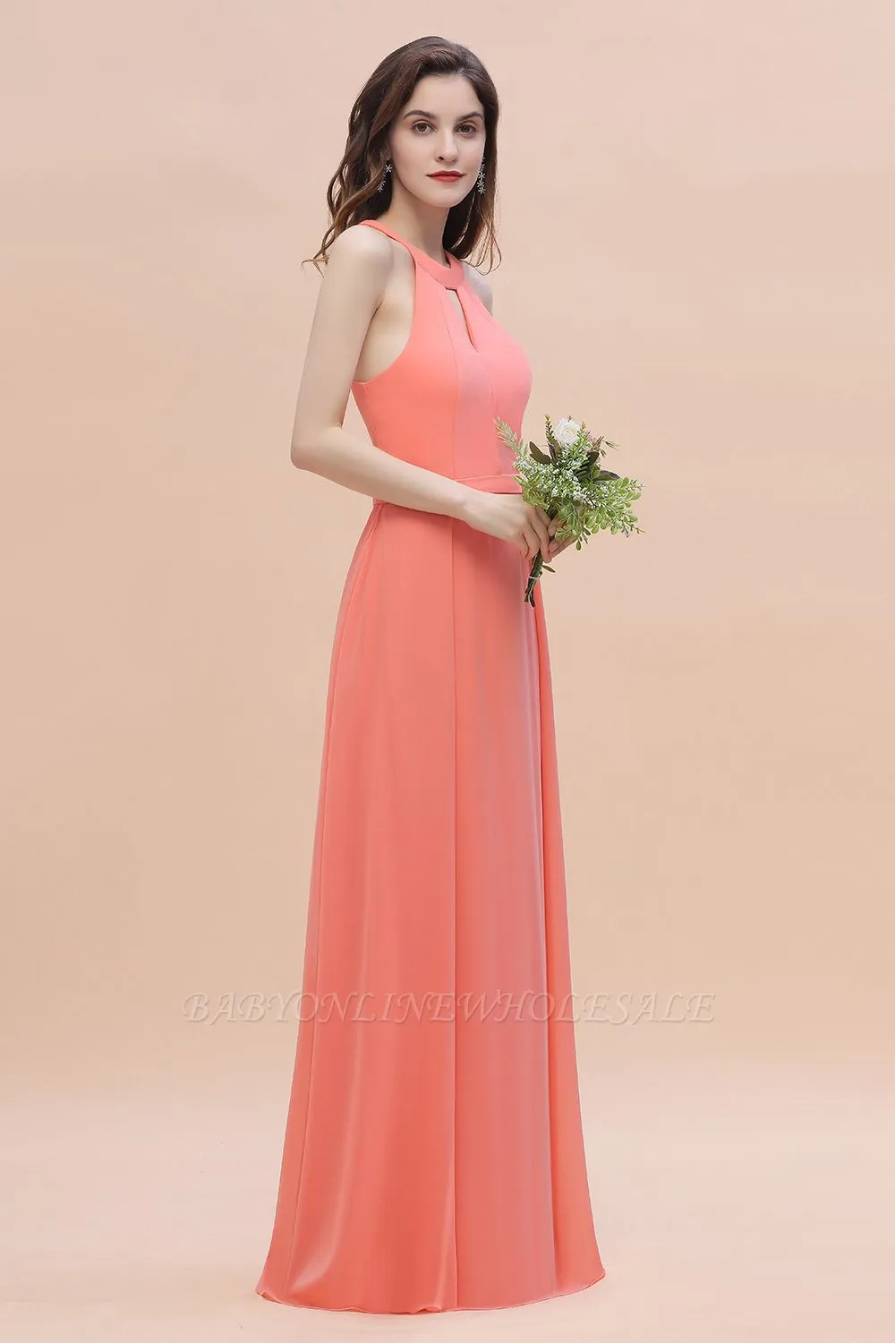 Halter Chiffon Floor Length Wedding Guest Dress Aline Bridesmaid Dress - Image 6