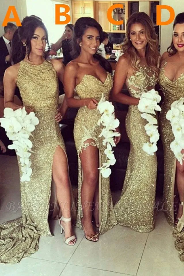 Sexy Gold Sequins Bridesmaid Dresses Side Slit Sparkly Wedding Party Dress BO8128 - Image 2