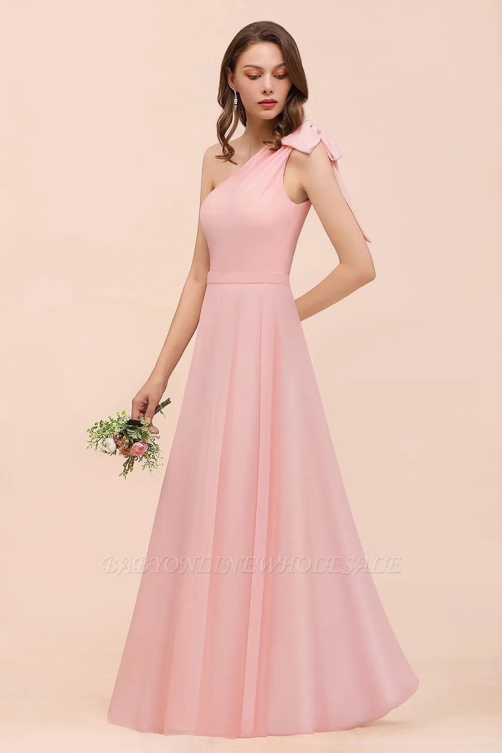 One Shoulder Soft Chiffon Bridesmaid Dress Pink Maid Of Honor Dress - Image 6