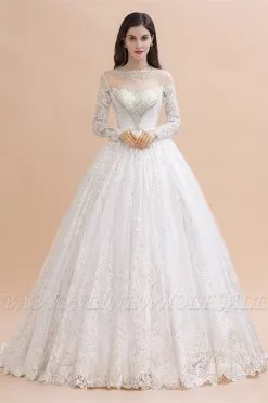 Glamorous Long Sleeve Beads White/Ivory Lace Appliques Wedding Dress