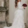 Long Sleeves Low Back White Ruffles Wedding Dress With Court Train