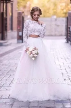 2 Piece Wedding Dresses A Line Long Sleeve Tulle Wedding Dresses With Lace Appliques
