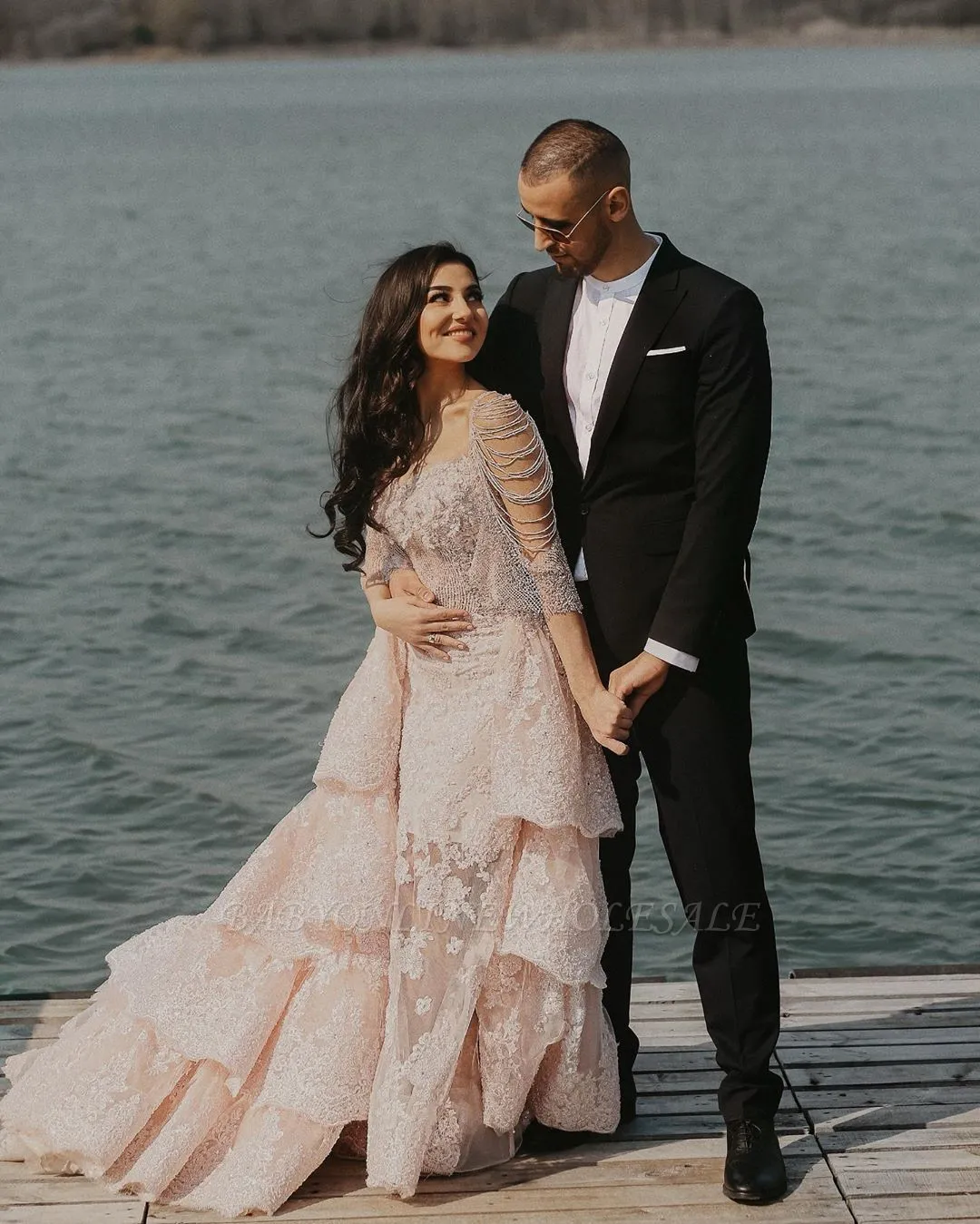 Stylish Long Sleeves Mermaid Wedding Reception With Layers Of Detachable Train - Image 4