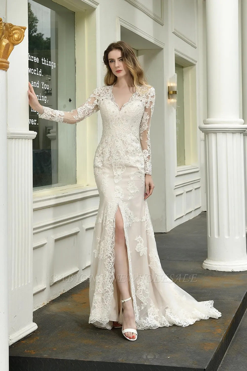 Delicate V-Neck High Split Long Sleeves Lace Wedding Dress With Court Train - Image 3