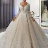 Luxury Long Sleeves Deep V-Neck Princess Ball Gown Garden Bridal Dress