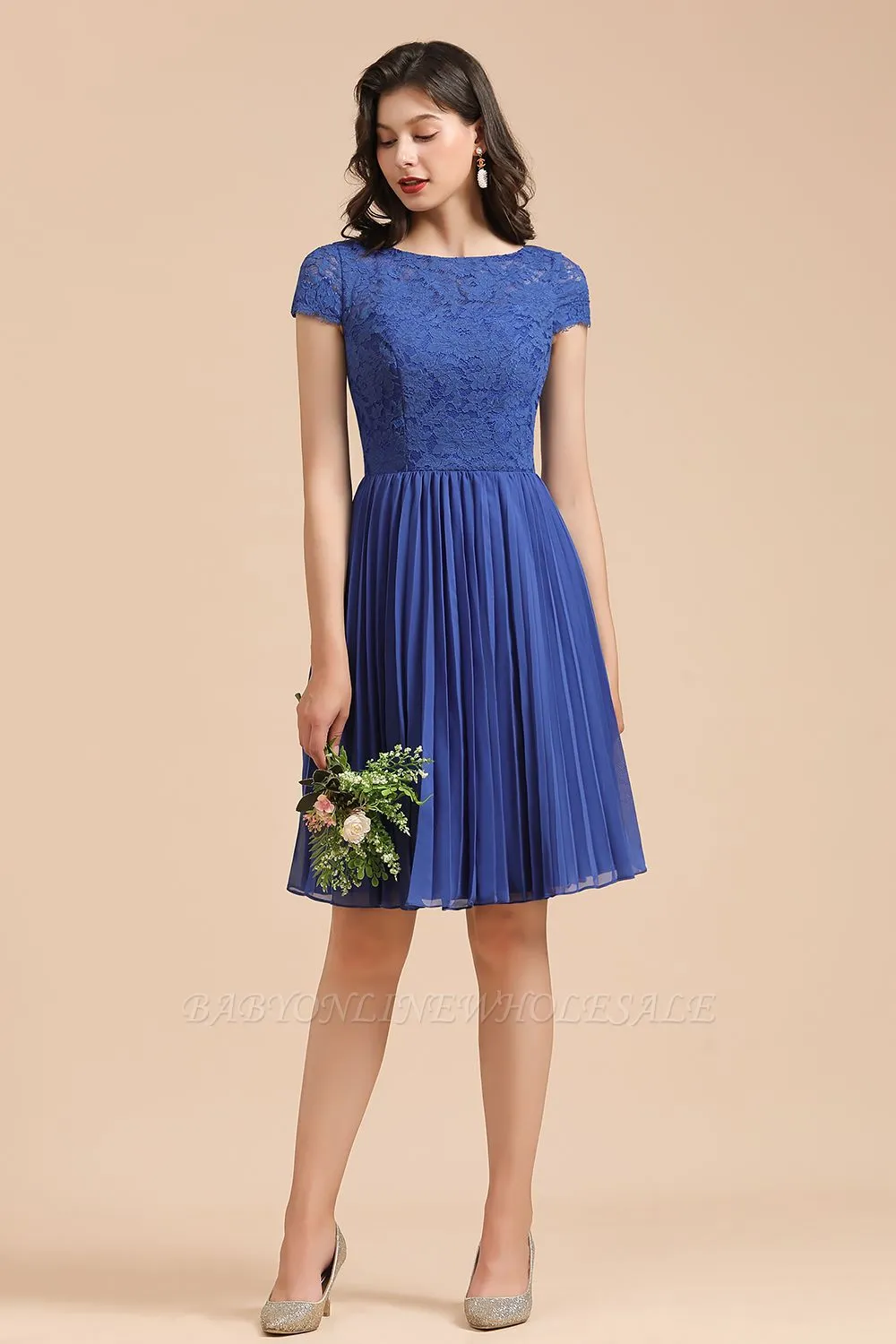 Stylish Floral Lace Appliques Mini Dress Royal Blue Short Sleeves Knee Length Daily Casual Dress - Image 3