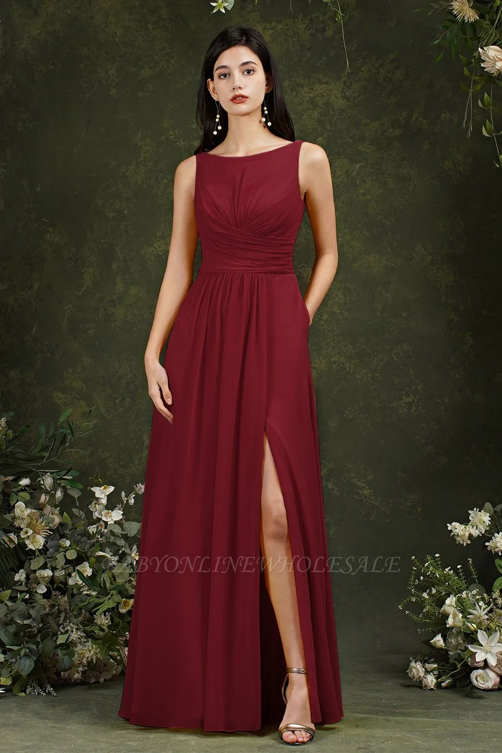 Bateau Ruffles Chiffon Floor-length A-Line Split Bridesmaid Dress With Pockets - Image 2
