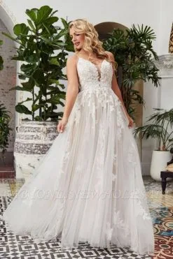 Romantic Deep V-Neck Tulle Lace A-line Wedding Dress