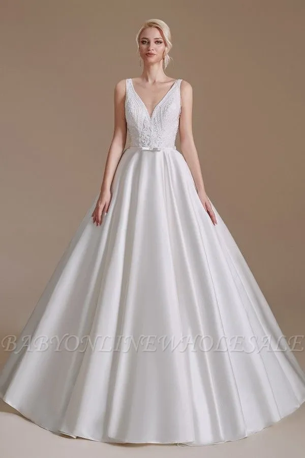 Aline Wedding Dress Sleeveless V-Neck Satin Bridal Dress With Floral Lace Pattern - Image 2