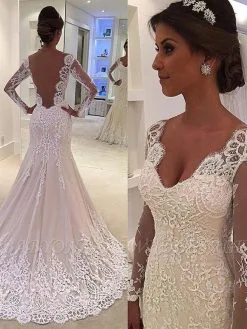 Court Train Mermaid V-neck Lace Long Sleeves Wedding Dresses