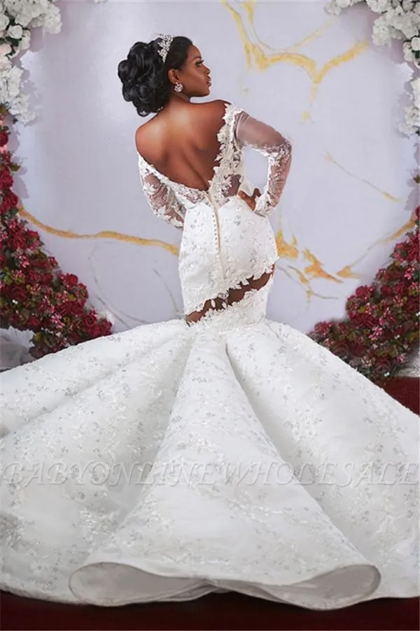 Luxurious Off-the-shoulder Long Sleeves Mermaid Ruffles Appliqued Beading Wedding Dresses - Image 2