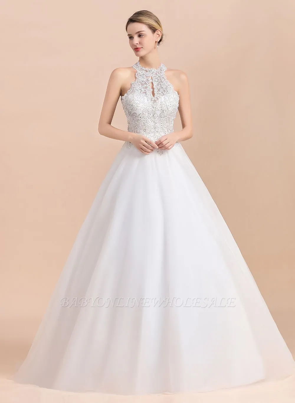 Elegant White Beaded Halter Ball Gown Lace Wedding Dress - Image 4