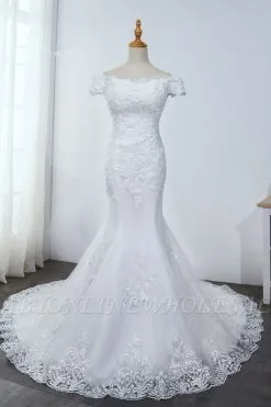 Charming Mermaid Off The Shoulder Floor Length Tulle Wedding Dress With Appliques