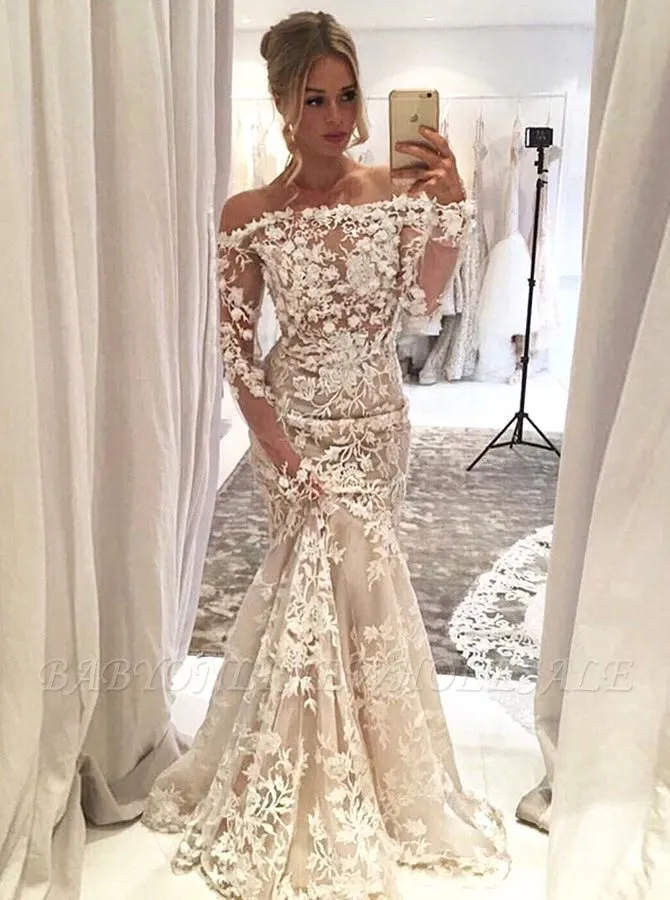 Off The Shoulder Long Sleeves Lace Wedding Dress
