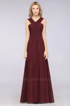Chiffon A-Line V-Neck Straps Sleeveless Long Bridesmaid Dress With Ruffles