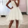 Modest Sleeveless White Lace Tulle Hi-Lo Wedding Dress