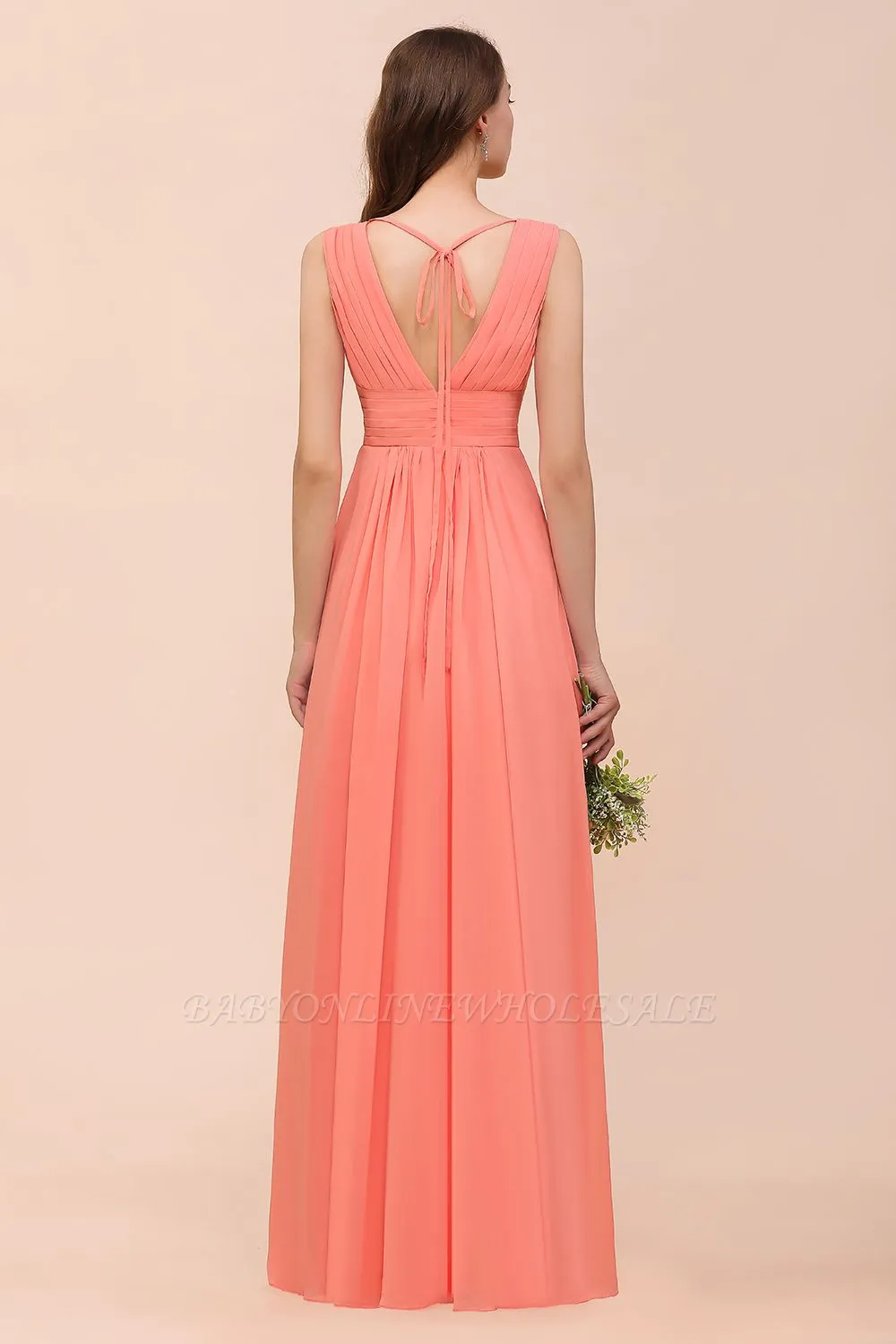 Coral V-Neck Aline Bridesmaid Dress Sleeveless Wedding Guest Dress - Image 2