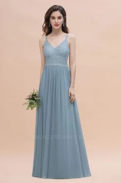 Aline Bridesmaid Dress Sleeveless V-Neck Lace Chiffon Long Evening Dress
