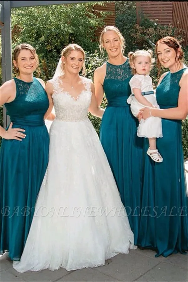 Summer Jewel Open Back Lace Sleeveless Bridesmaid Dresses | Sexy Backless Affordable Floor Length Lace Maid Of Honor Dresses