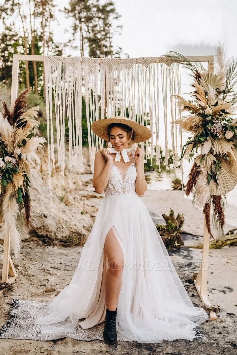 Boho Tulle White Beach Sleeveless Long Flowy Wedding Dress - Image 2