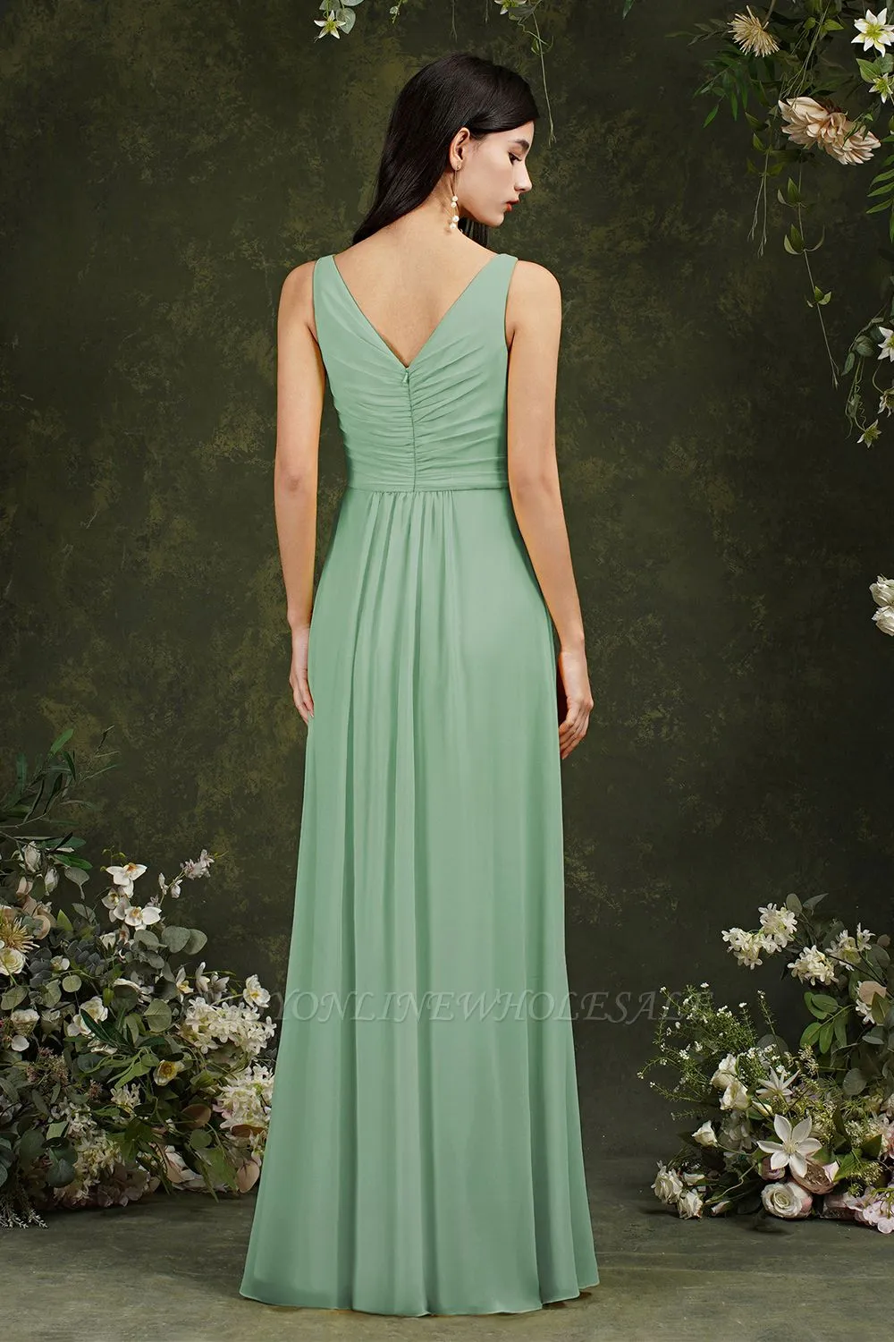 Bateau Ruffles Chiffon Floor-length A-Line Split Bridesmaid Dress With Pockets - Image 5