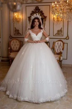 V-neck Ball Gown Puffy Formal Wedding Dress