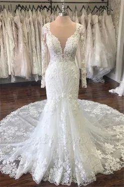 Long Sleeves V-neck Mermaid White Long Train Wedding Dress