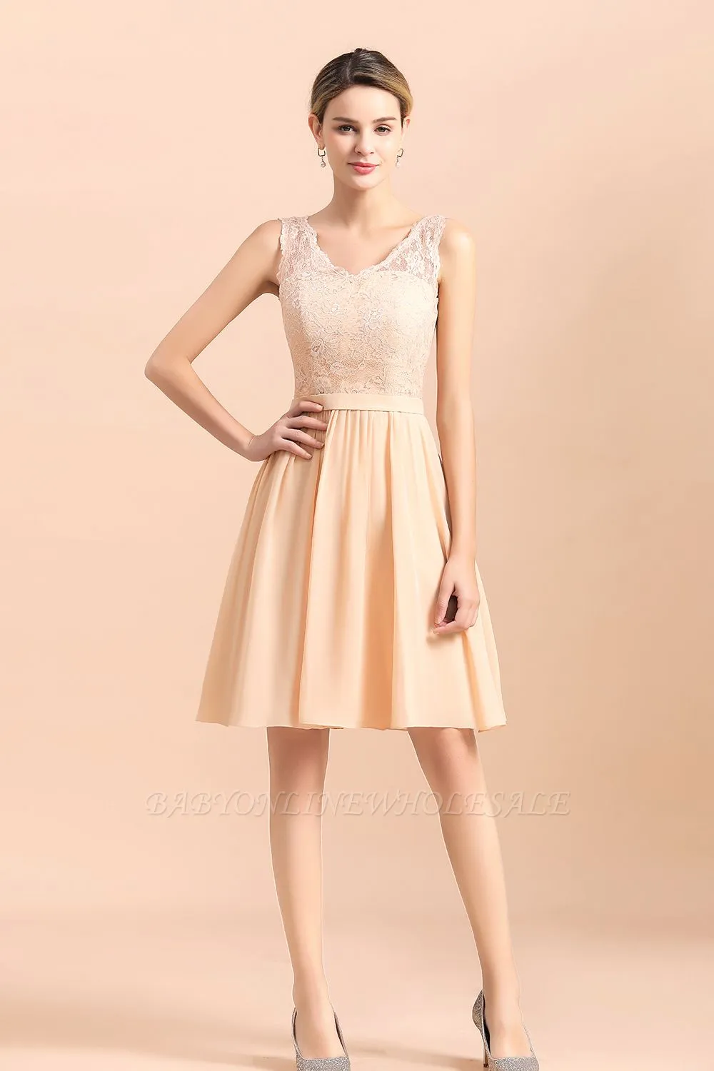 Cute Sleeveless Lace Knee Length Wedding Party Dress - Image 5