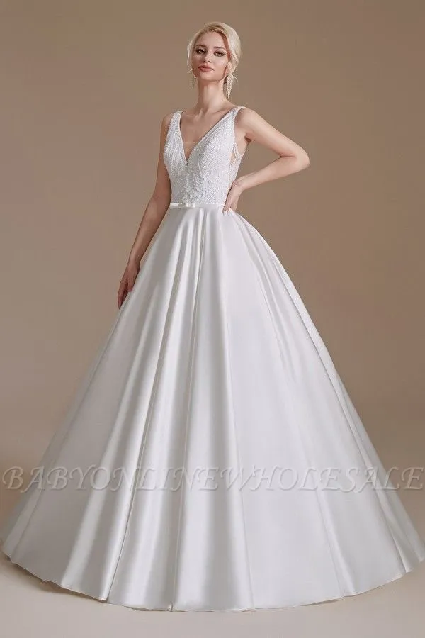Aline Wedding Dress Sleeveless V-Neck Satin Bridal Dress With Floral Lace Pattern - Image 3