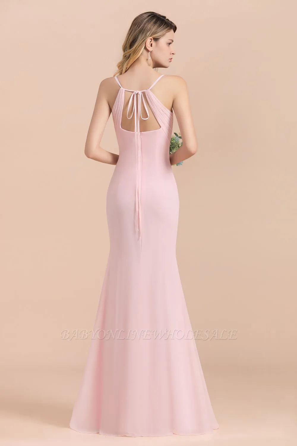 Pink V-Neck Sleeveless Mermaid Bridesmaid Dress Wedding Wear Dress With Side Slit - Image 2