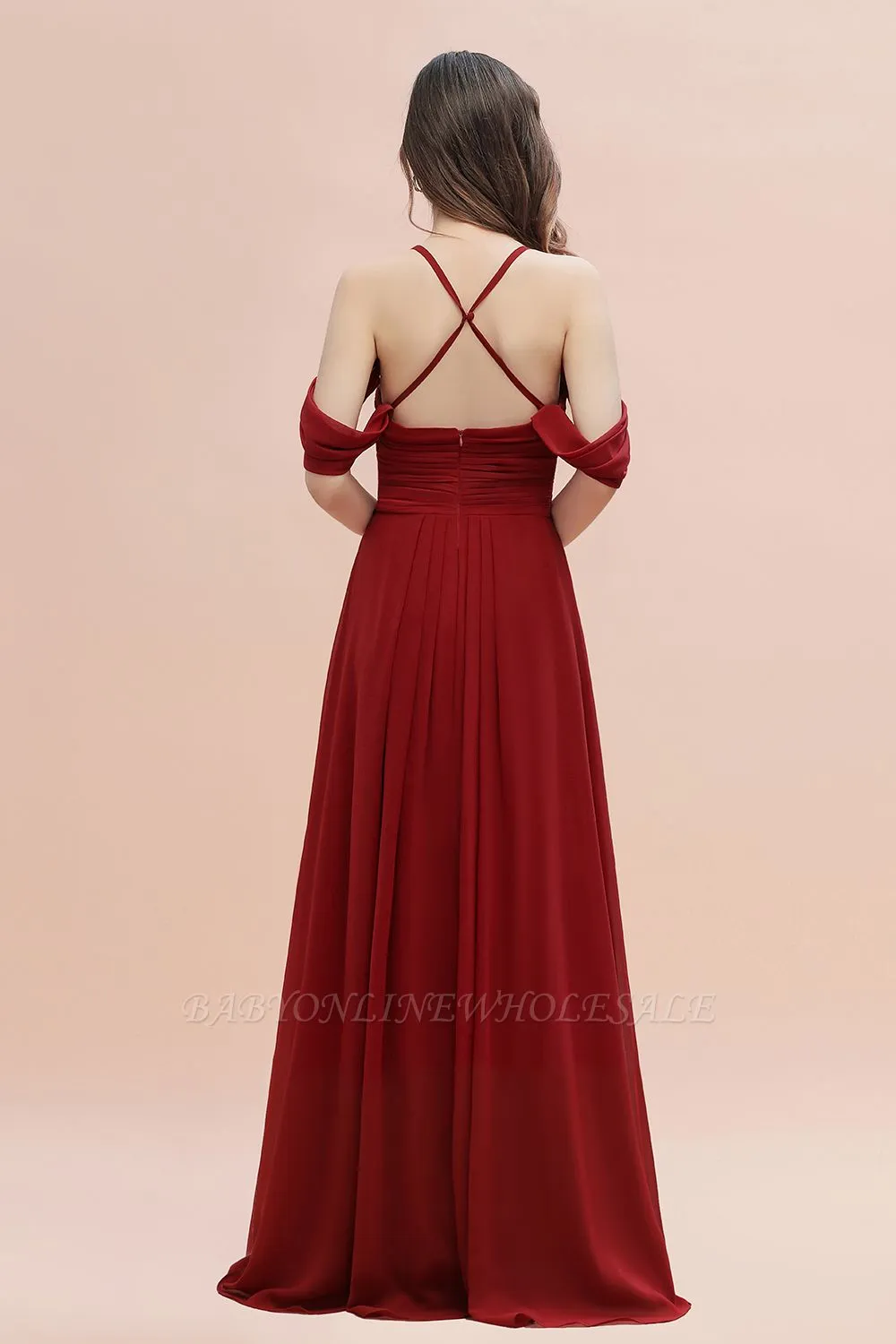 Elegant V-Neck Pleated Chiffon Bridesmaid Dress With Straps Cross Back Wedding Guest Dress - Image 6