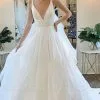 Sexy Deep V-neck Sleeveless White Tulle Wedding Dresses With Ruffles