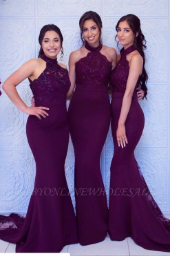 Modest Burgundy Mermaid Halter Lace Long Bridesmaid Dress