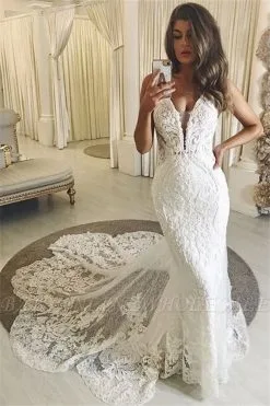 Summer V-neck White Column Court Train Wedding Dress