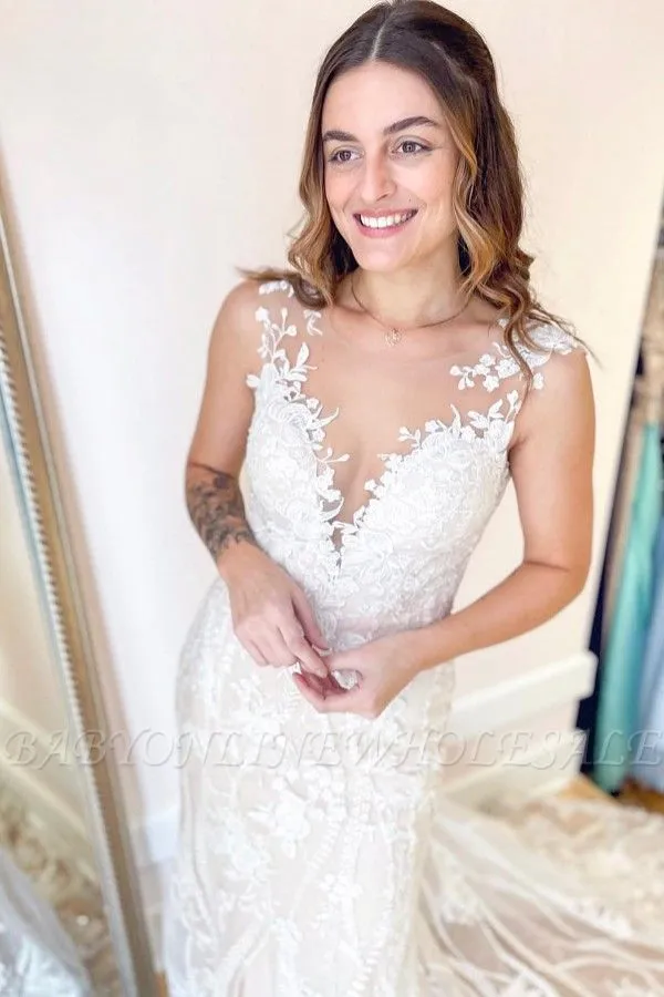 V Neck Floral Lace Sleeveless Floor-Length Wedding Dress
