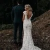 Cap Sleeves Sexy Backless Lace Ivory Court Train Boho Wedding Dress