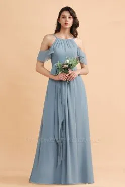 Amazing Grey Blue Soft Chiffon Bridesmaid Dress Off Shoulder