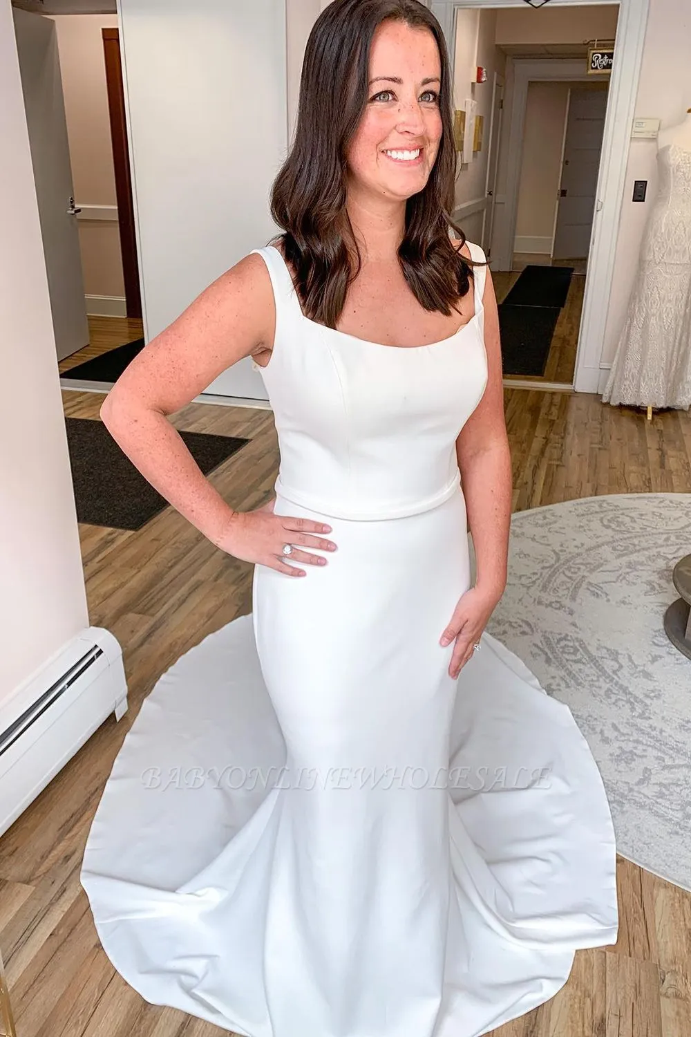 Simple Mermaid Open Back Satin Spaghetti Straps Floor-length Wedding Dress