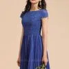 Stylish Floral Lace Appliques Mini Dress Royal Blue Short Sleeves Knee Length Daily Casual Dress