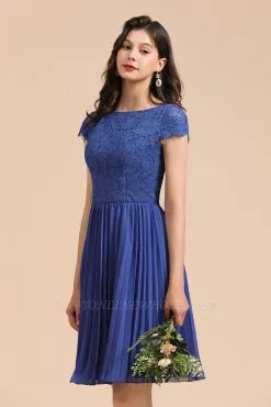 Stylish Floral Lace Appliques Mini Dress Royal Blue Short Sleeves Knee Length Daily Casual Dress