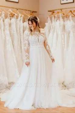 Charming White Floral Lace Tulle Plus Size Bridal Dress With Long Sleeves