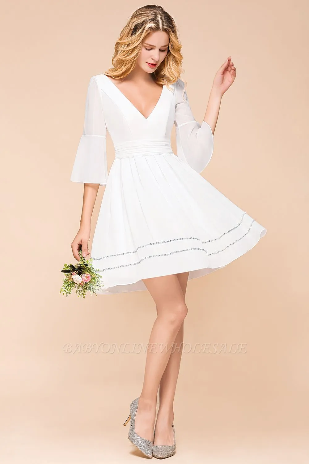 White Ruffle Sleeves Knee Length Bridesmaid Dress V-Neck Wedding Dress - Image 3