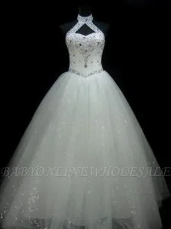 Sequin Ball Gown Sleeveless Floor-Length Beading Tulle Halter Wedding Dresses