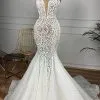 Luxury Spaghetti Strap Plugging V-neck White Sleeveless Mermaid Hollow Wedding Dress