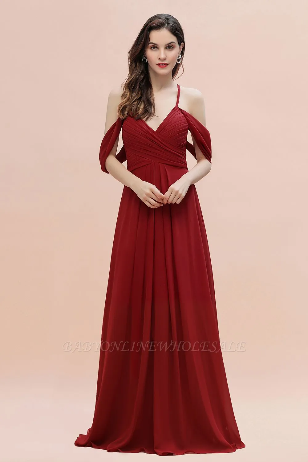 Elegant V-Neck Pleated Chiffon Bridesmaid Dress With Straps Cross Back Wedding Guest Dress - Image 4